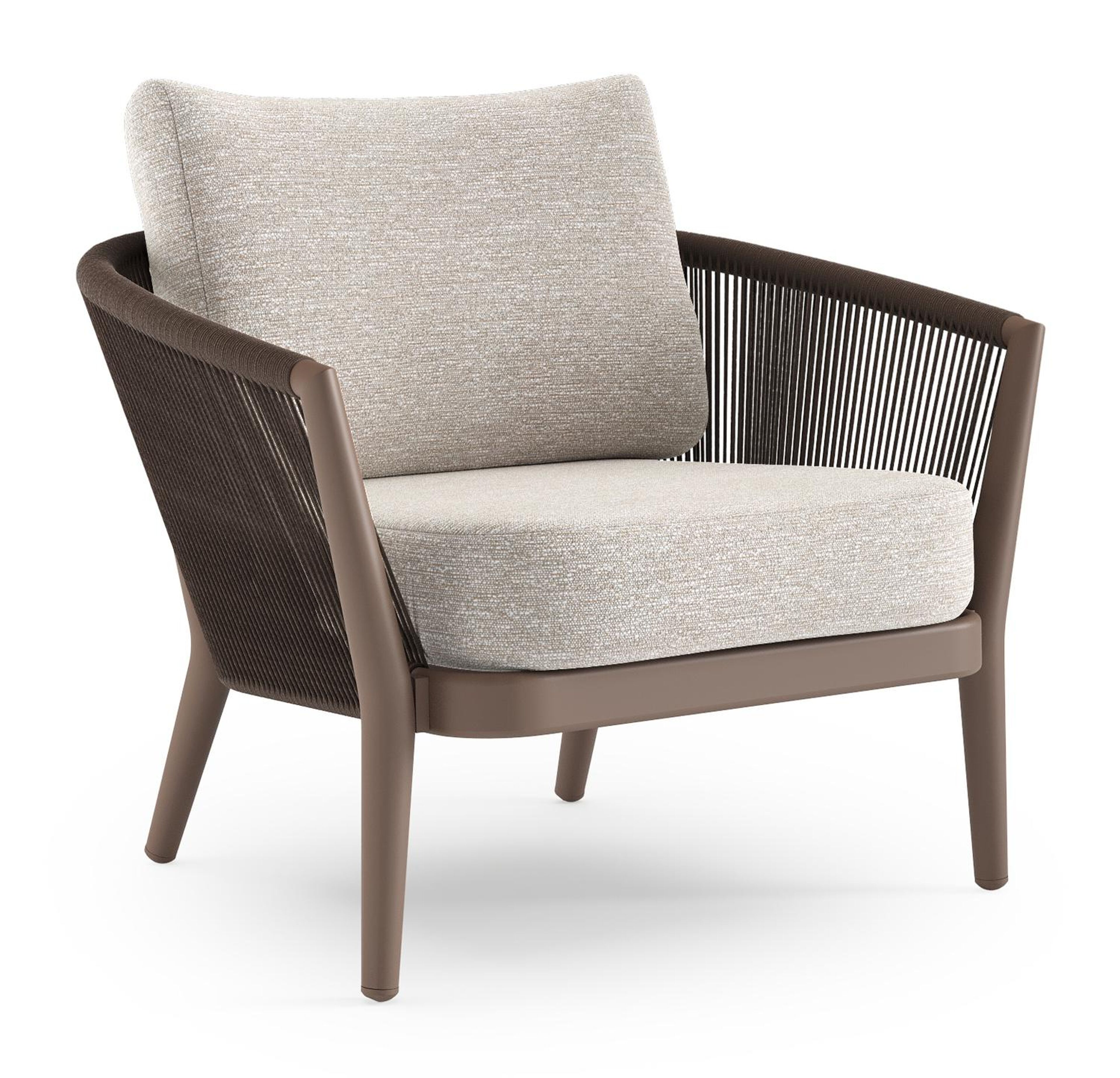 Orso loungestoel in taupe aluminiumen zwart verticaal geweven ronde rope met Tundra Sand all weather sunbrella® luxe kussen