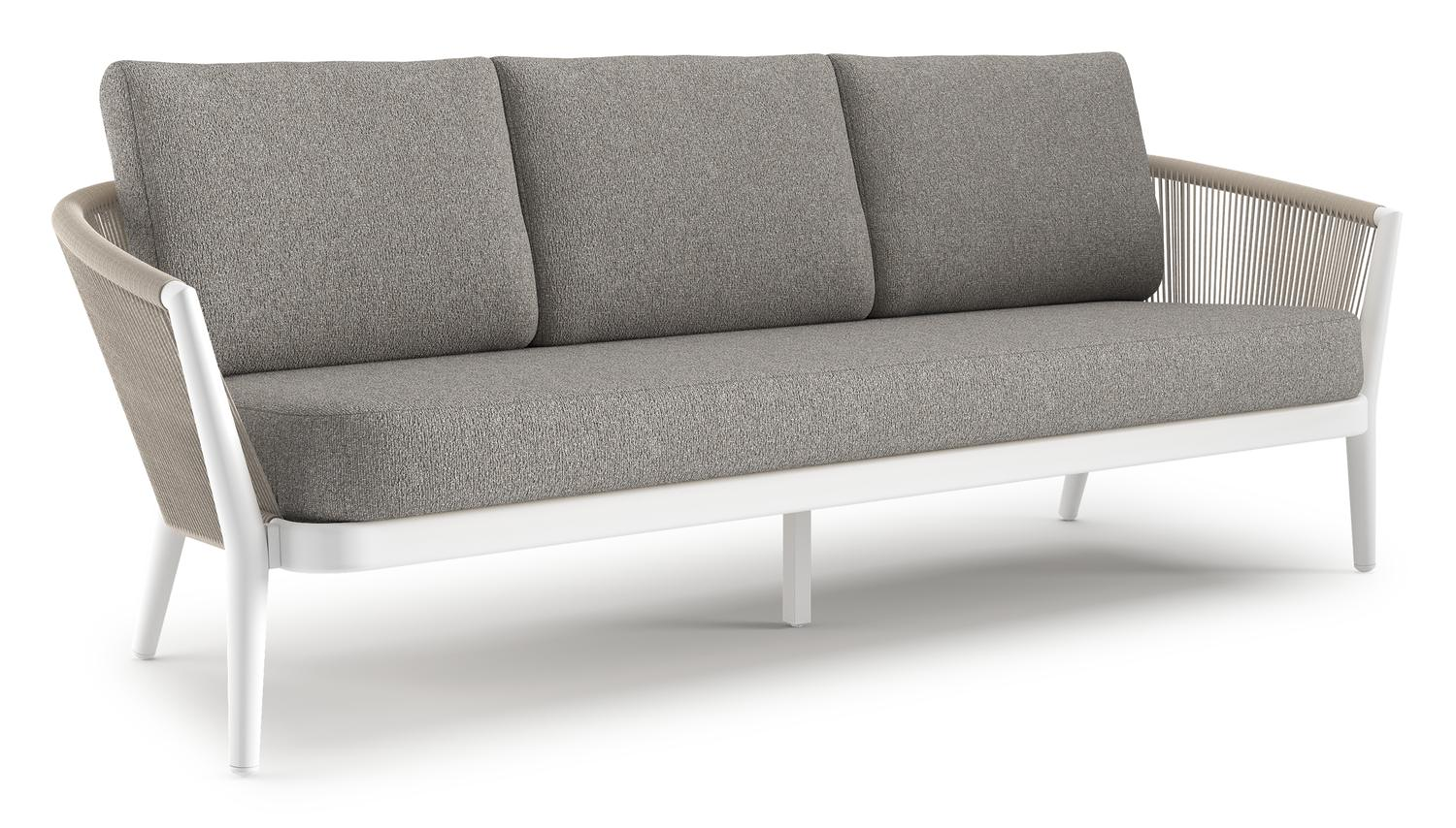 Canapé de jardin Orso en aluminium blanc en corde ronde tissée verticalement beige et coussins en all weather sunbrella® luxe Tundra Charcoal