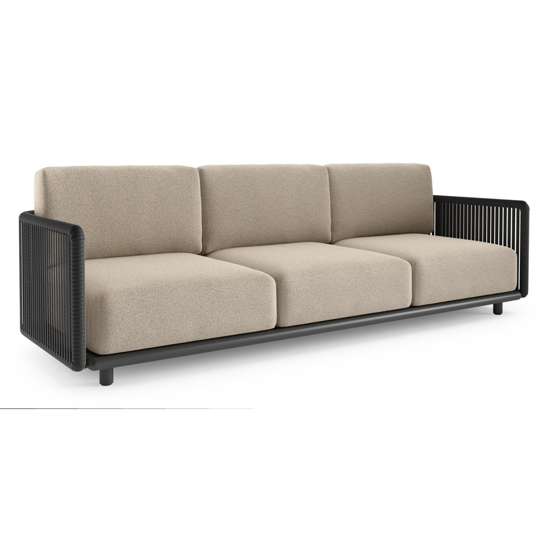 Canapé de jardin Organo 3-pl en aluminium noir et corde luxe plate tissée verticalement noir et coussins en All Weather Cosytica marbella beige