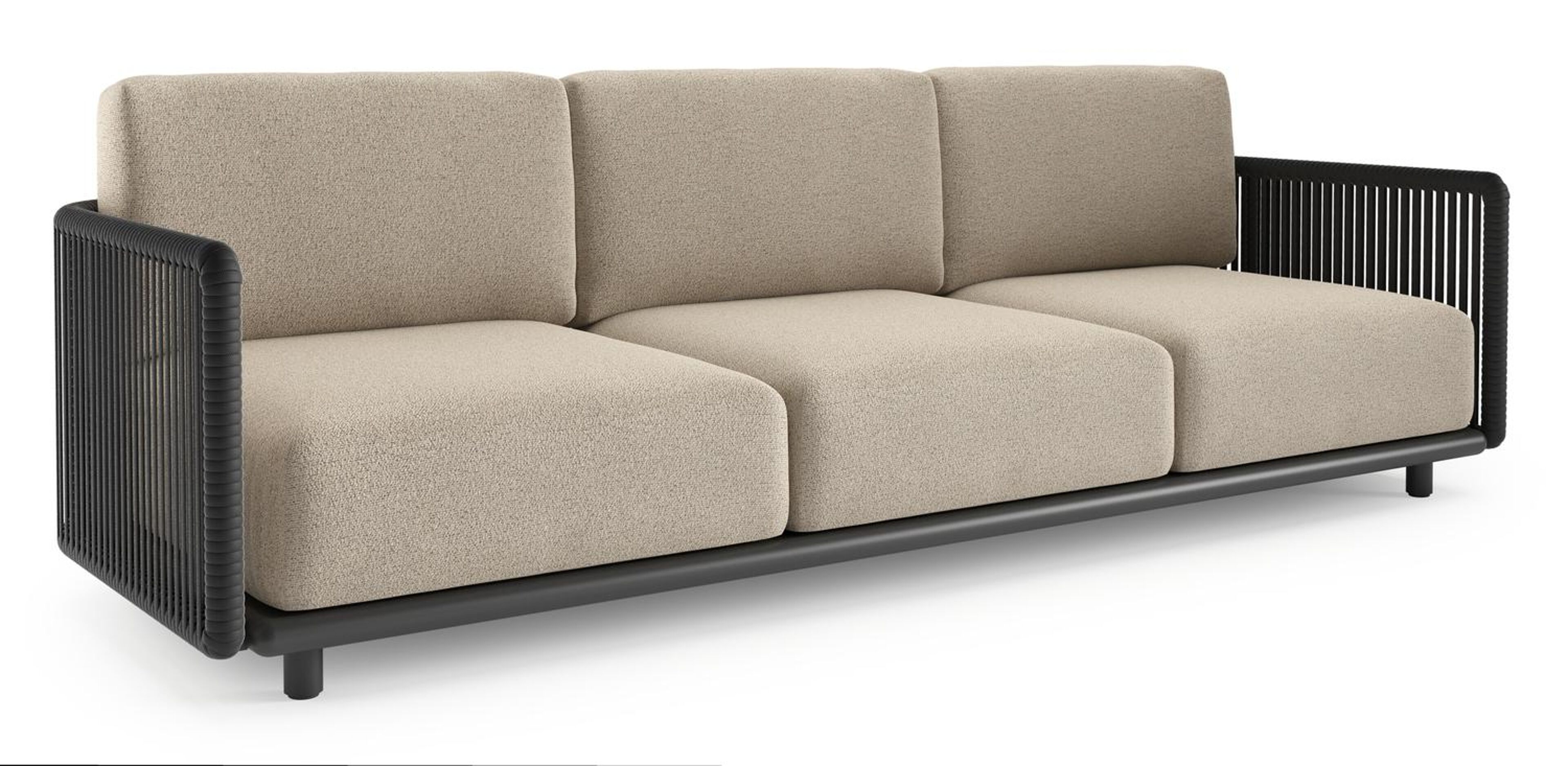 Organo loungebank 3-zit in zwart aluminium en zwart verticaal geweven luxe vlakke rope met marbella beige All Weather Cosytica kussen