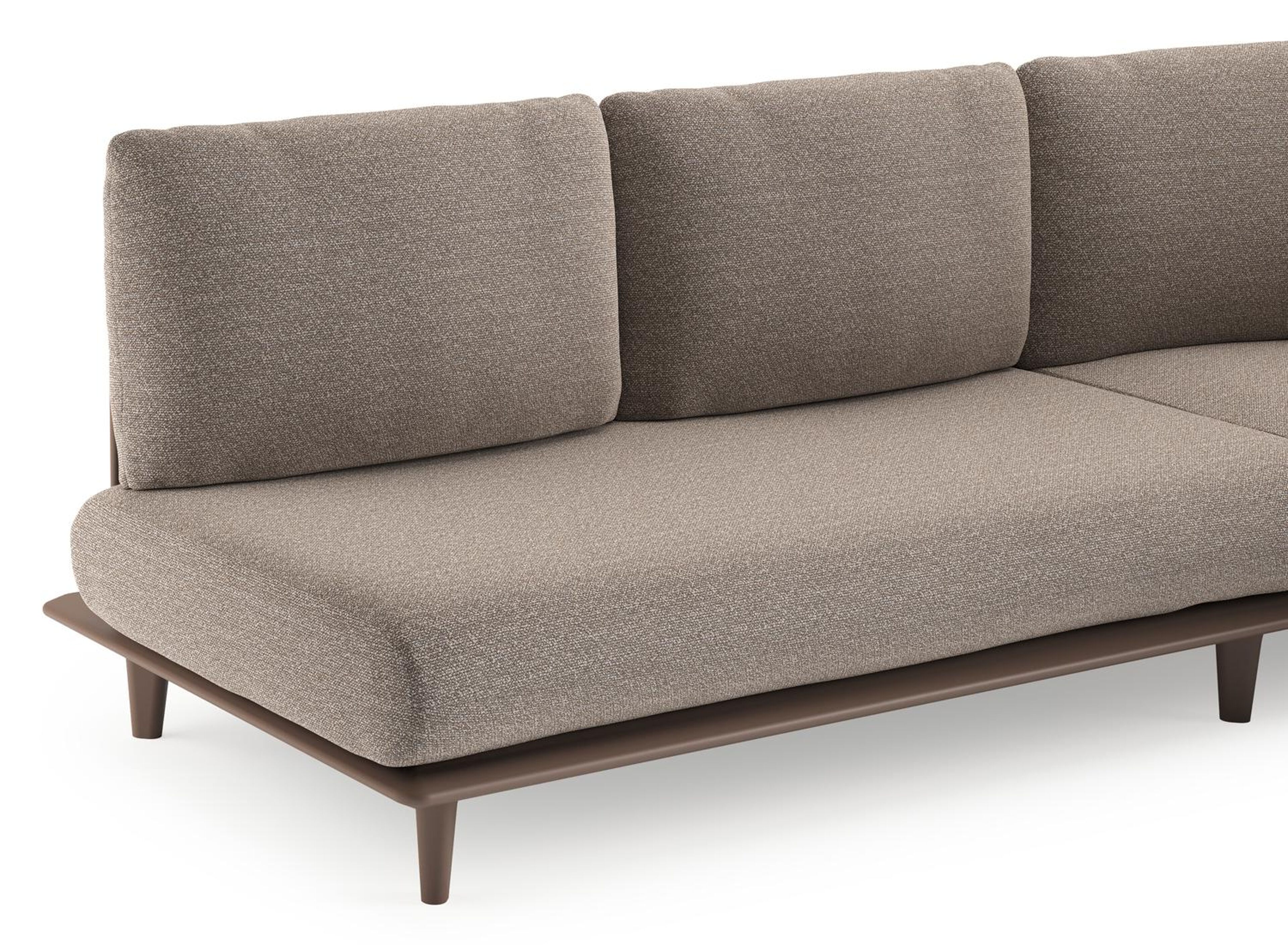 Salon de jardin d'angle Bomero en aluminium taupe et coussins en all weather sunbrella® luxe wander manioc