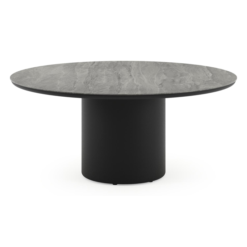 Amico low dining tuintafel rond in zwart aluminium en volkeramiek Aspen Grey - Dia. 148 x H 61 cm