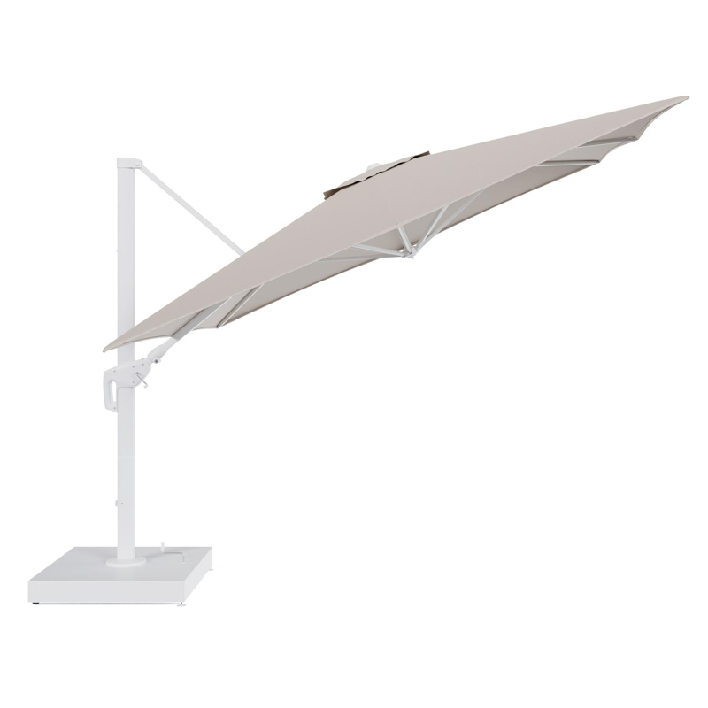 Parasol pendant Minore avec fonction tilt en aluminium blanc et toile de parasol All Weather Sunbrella® Luxe Heritage Ash - Lg.1: 350 x Lg.2: 350 cm avec pied de parasol Minore 260 kg avec roulettes