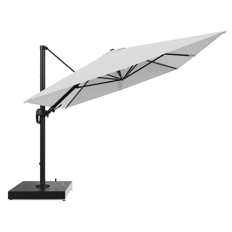 Rufina zweefparasol met tiltfunctie in zwart aluminium en Ego Birch All Weather Solica parasoldoek - L1 400 x L2 300 cm met parasolvoet Minore 260 kg met wielen
