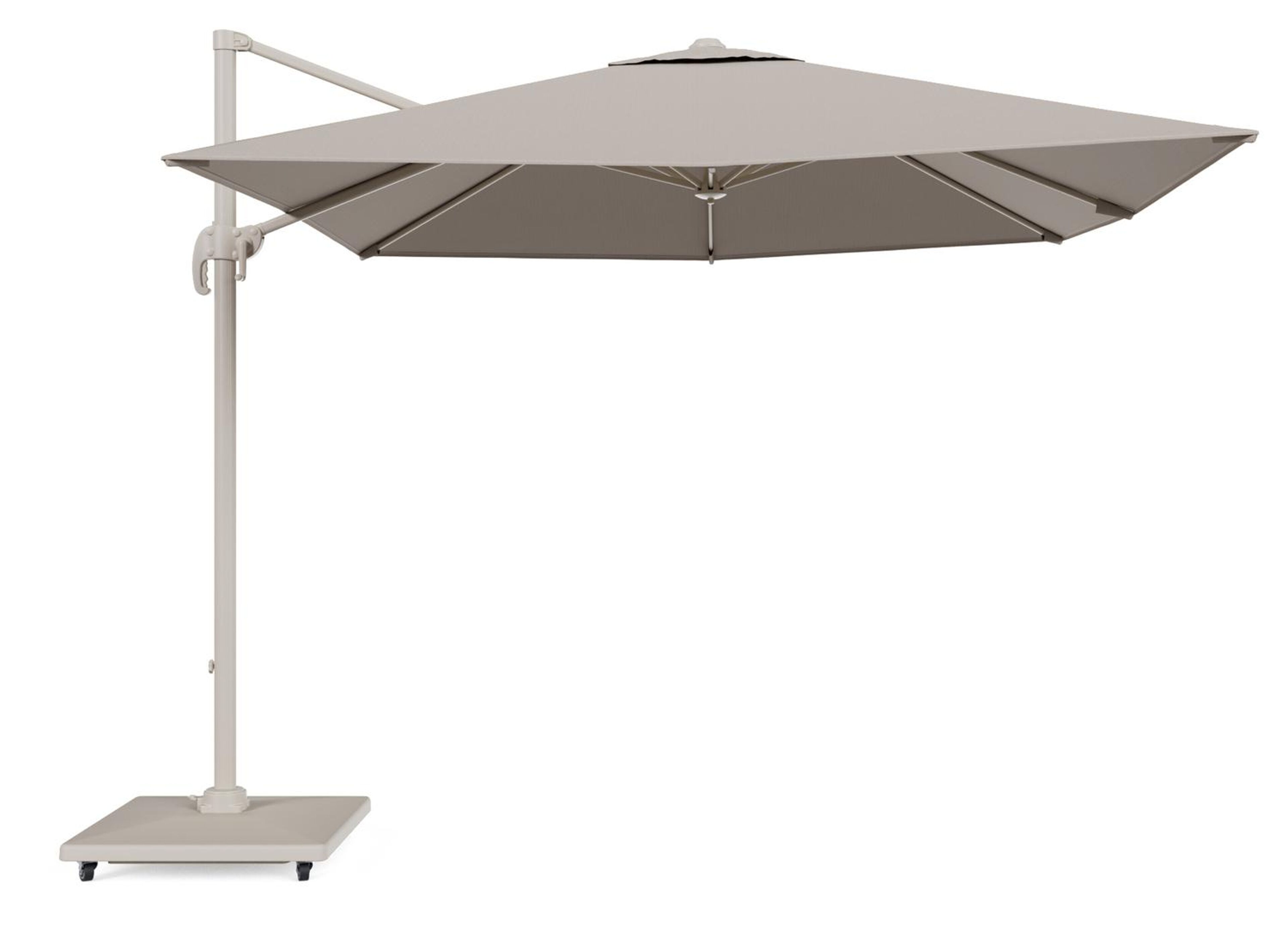 Calpe zweefparasol in beige aluminium en beige Weather+ Softtouch parasoldoek - L1 270 x L2 270 cm met Avola parasolvoet 90 kg met wielen