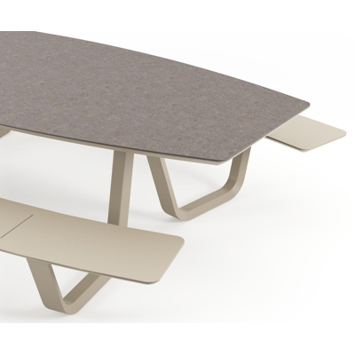 Table de pique-nique Forno forme de bateau forme de bateau en aluminium beige et céramique pleine Wulong - Lg. 280 x Lrg. 192 x Haut. 72 cm