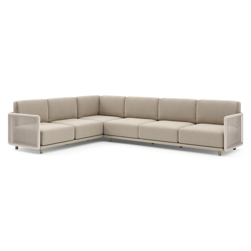 Organo loungehoek in beige aluminium en beige verticaal geweven luxe vlakke rope met marbella beige All Weather Cosytica kussens