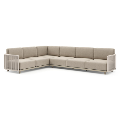 Organo loungehoek in beige aluminium en beige verticaal geweven luxe vlakke rope met marbella beige All Weather Cosytica kussens
