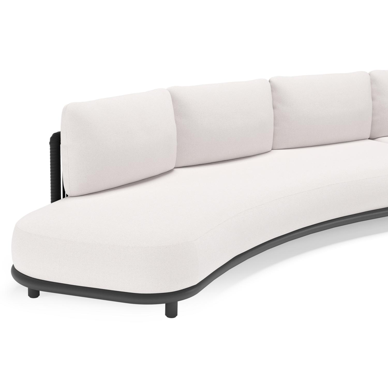 Salon de jardin d'angle Lomano en aluminium noir et corde luxe plate tissée verticalement noir et coussins en all weather sunbrella® luxe savane whisper