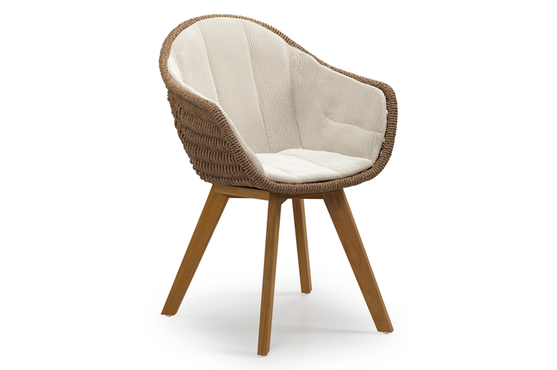 Pagino tuinstoel in teak en bruin ronde wicker met kussen in lopi marble all weather sunbrella® luxe