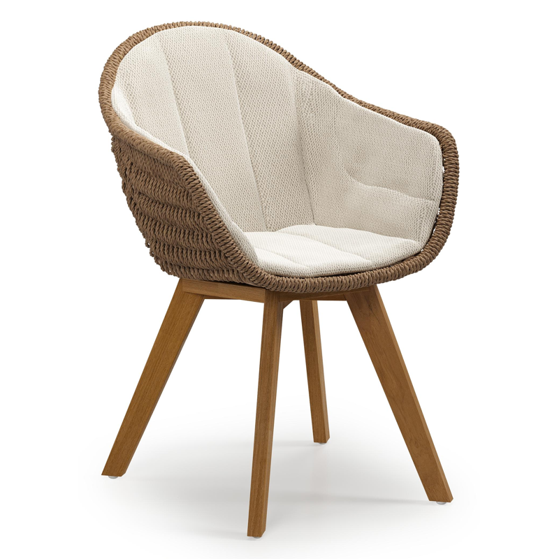 Pagino tuinstoel in teak en bruin ronde wicker met kussen in lopi marble all weather sunbrella® luxe