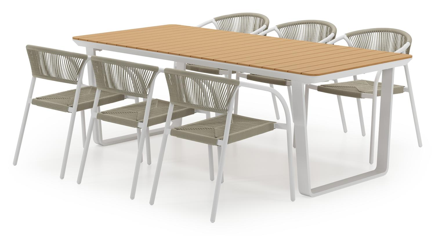 Alora tuinset in wit aluminium en polywood met 6 stapelbare Melo tuinstoelen