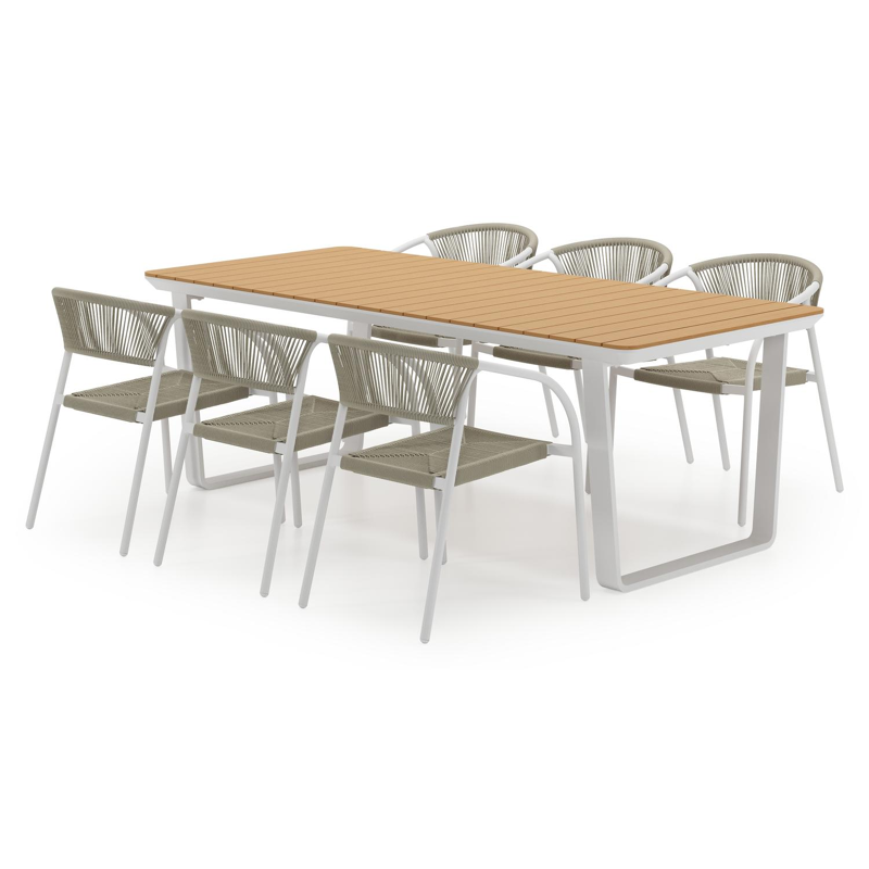 Alora tuinset in wit aluminium en polywood met 6 stapelbare Melo tuinstoelen