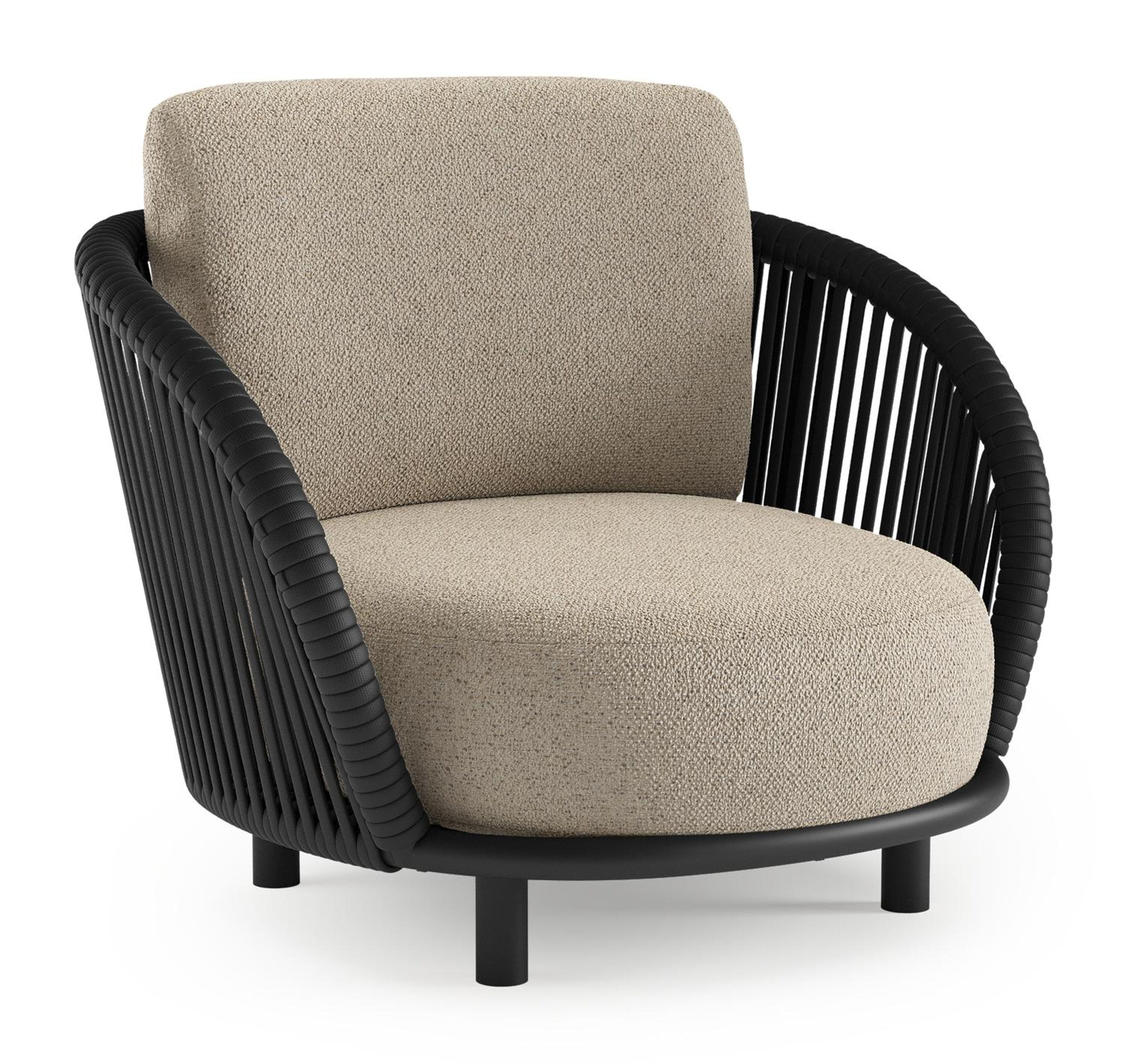 Lupino loungestoel in zwart aluminium en zwart verticaal geweven luxe vlakke brede rope met bora desert all weather cosytica kussen