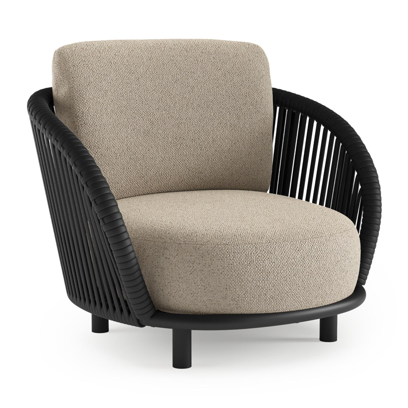 Lupino loungestoel in zwart aluminium en zwart verticaal geweven luxe vlakke brede rope met bora desert all weather cosytica kussen