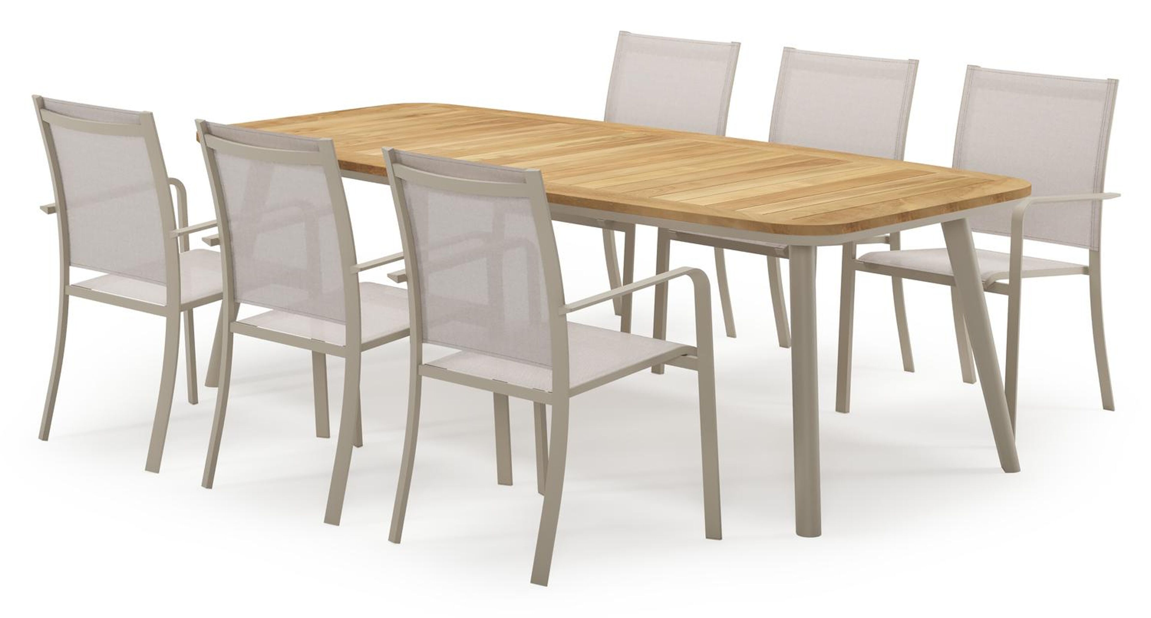 Mosa bootvormige tuinset in beige aluminium en teak natural finish met 6 Calobra tuinstoelen