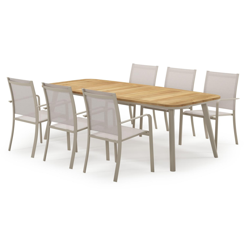 Mosa bootvormige tuinset in beige aluminium en teak natural finish met 6 Calobra tuinstoelen