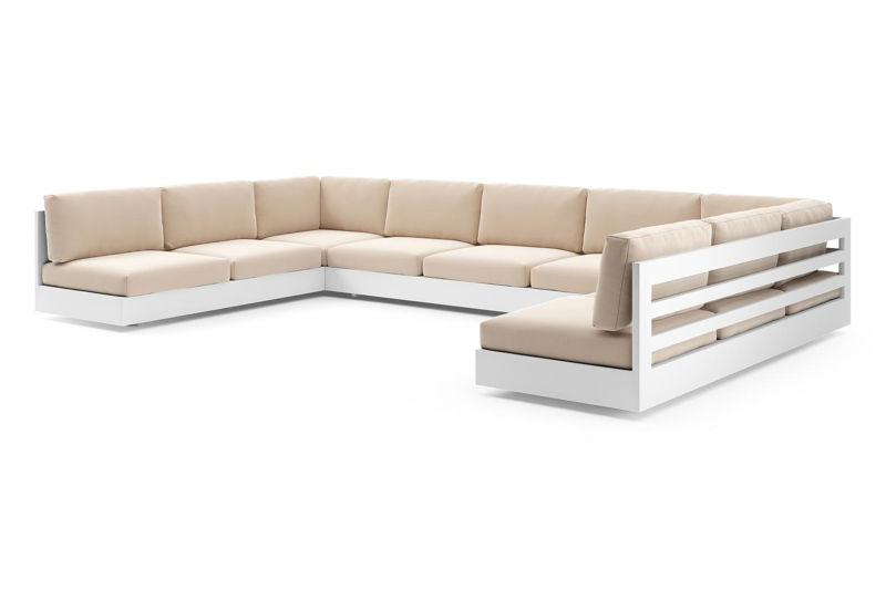 Canapé de jardin Como en aluminium blanc et coussins en all weather sunbrella® luxe natte linen chalk