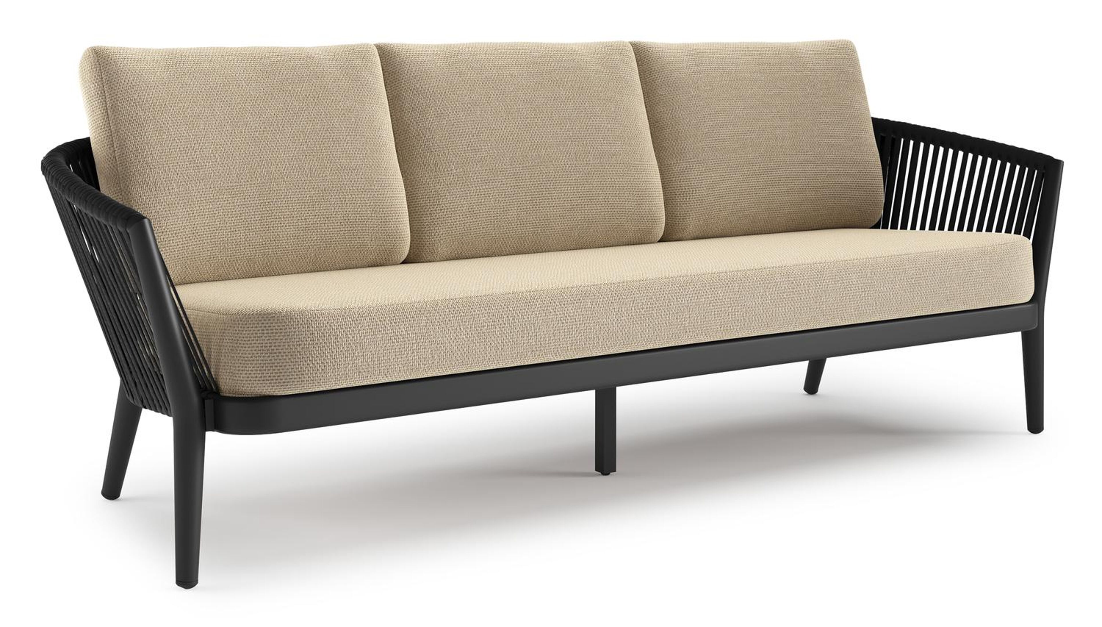 Canapé de jardin Orso en aluminium noir en corde luxe plate tissée verticalement noir et coussins en all weather cosytica Althea Camel