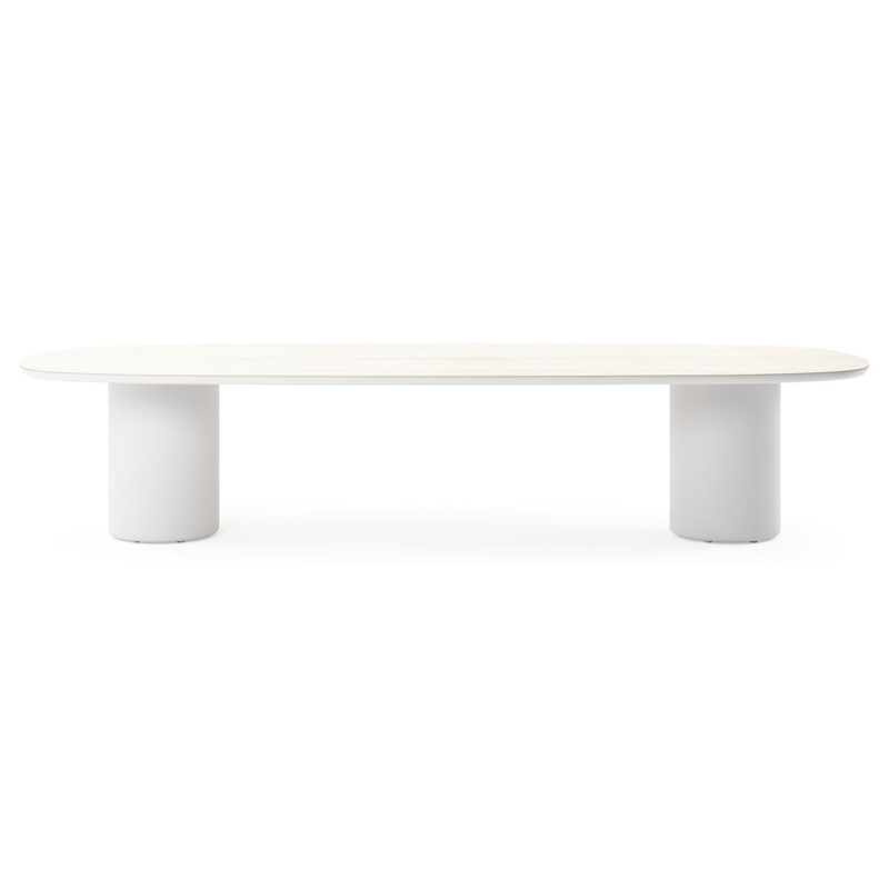 Amico low dining tuintafel bombo in wit aluminium en volkeramiek Travertino Bianco - L 320 x B 130 x H 61 cm