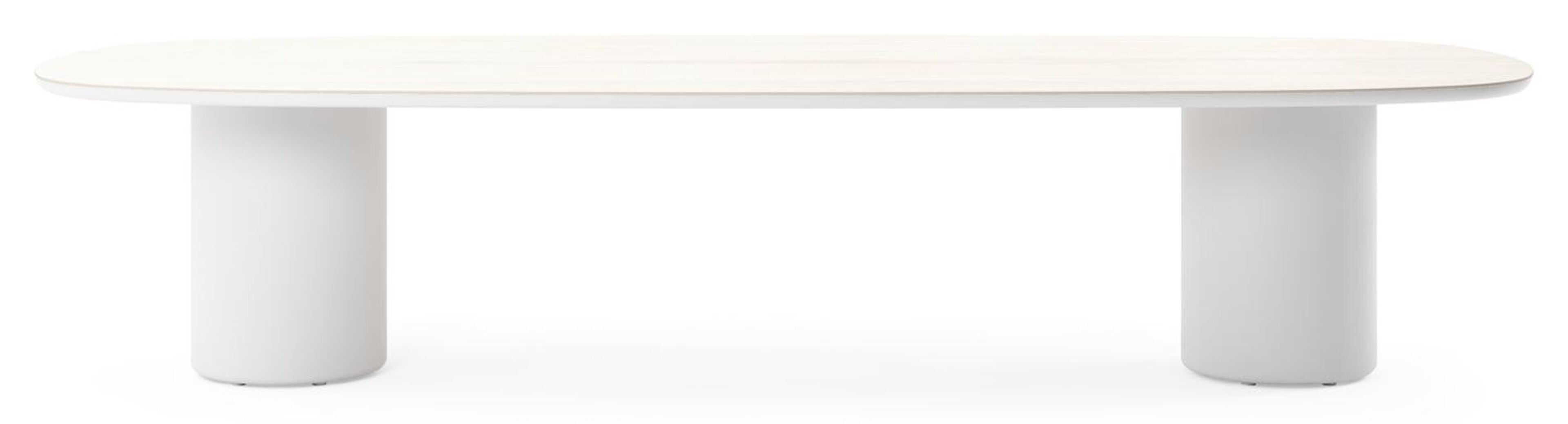 Amico low dining tuintafel bombo in wit aluminium en volkeramiek Travertino Bianco - L 320 x B 130 x H 61 cm