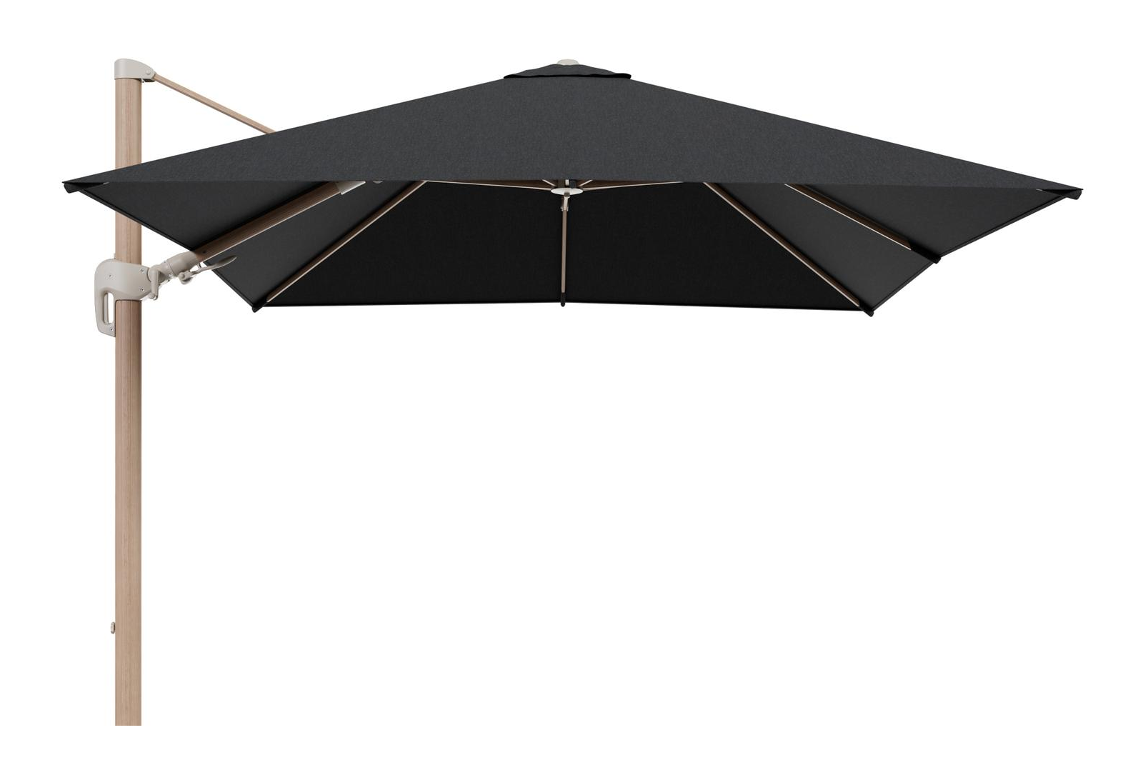 Parasol pendant Rufina avec fonction tilt en aluminium aspect de bois et toile de parasol en All Weather Sunbrella® Luxe Chartres Sooty  - Lg.1 300 x Lg.2 300 cm (sans pied de parasol