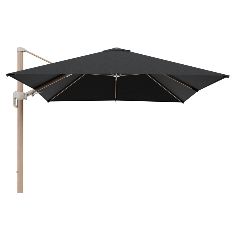 Parasol pendant Rufina avec fonction tilt en aluminium aspect de bois et toile de parasol en All Weather Sunbrella® Luxe Chartres Sooty  - Lg.1 300 x Lg.2 300 cm (sans pied de parasol