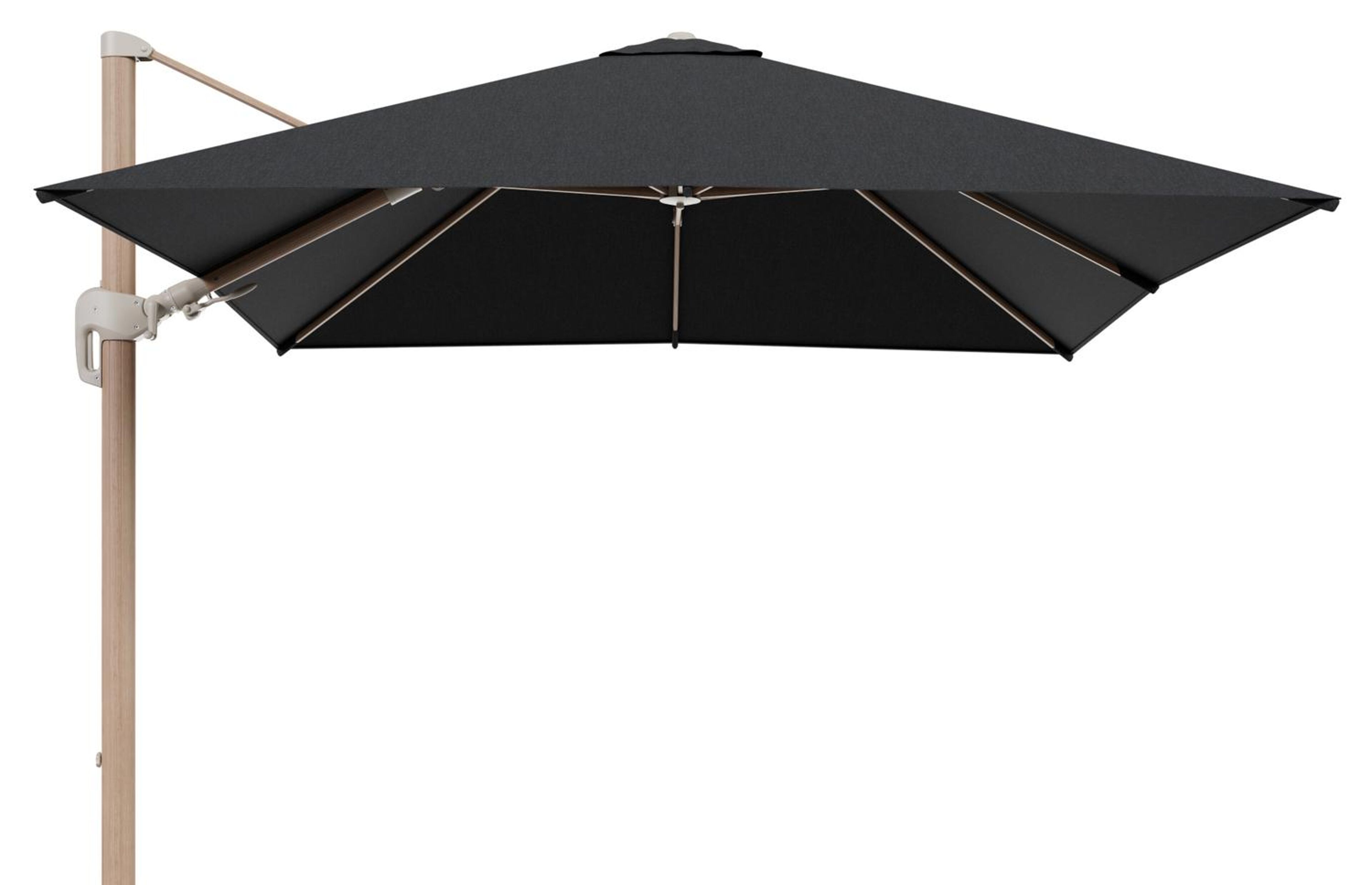 Rufina zweefparasol tiltfunctie in houtlook aluminium en parasoldoek in All Weather Sunbrella® Luxe Chartres Sooty  - L1 300 x L2 300 cm (zonder voet)
