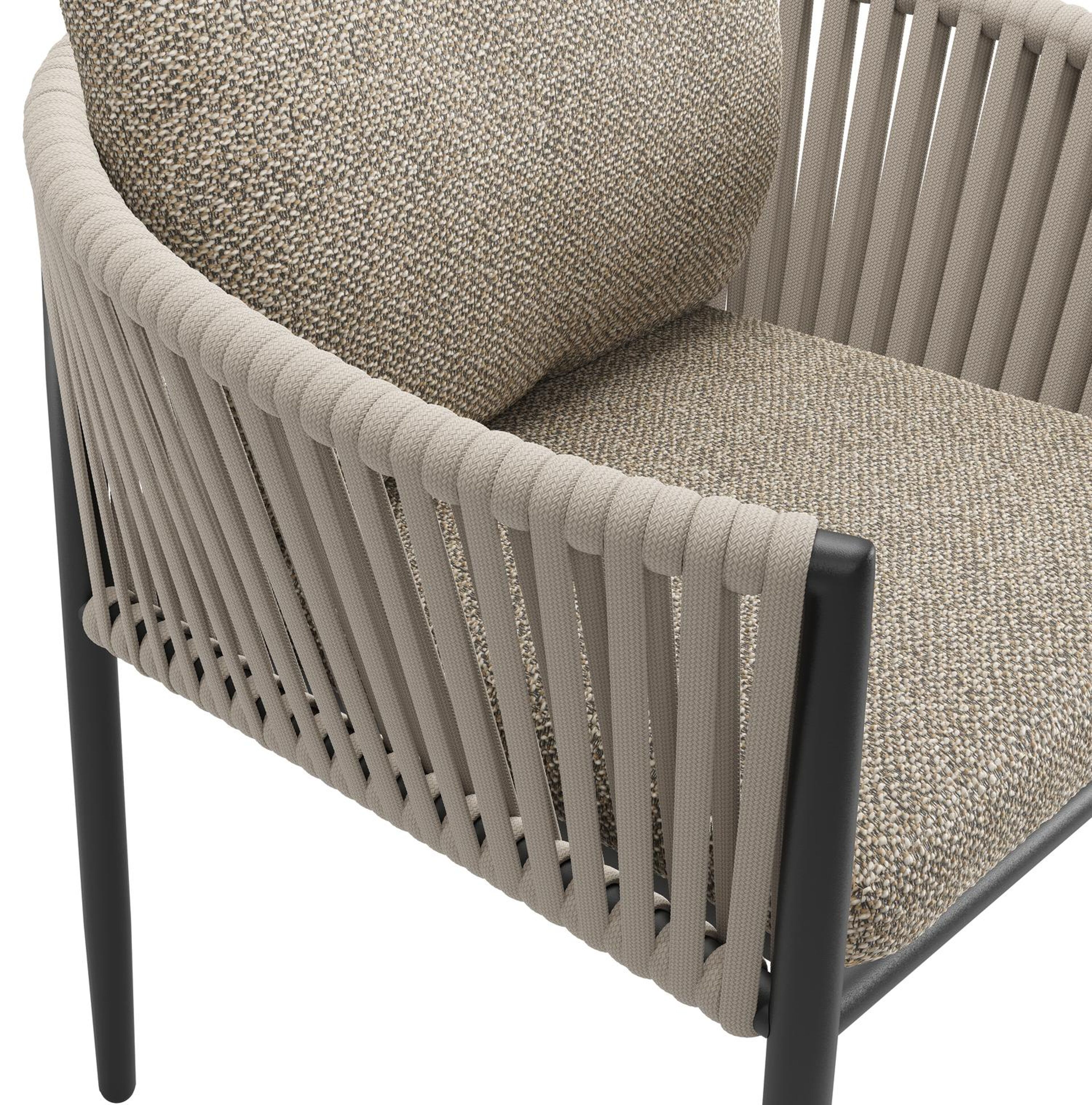 Organo tuinstoel in zwart aluminium en beige verticaal geweven vlakke rope met kussen in madagascar burch all weather cosytica