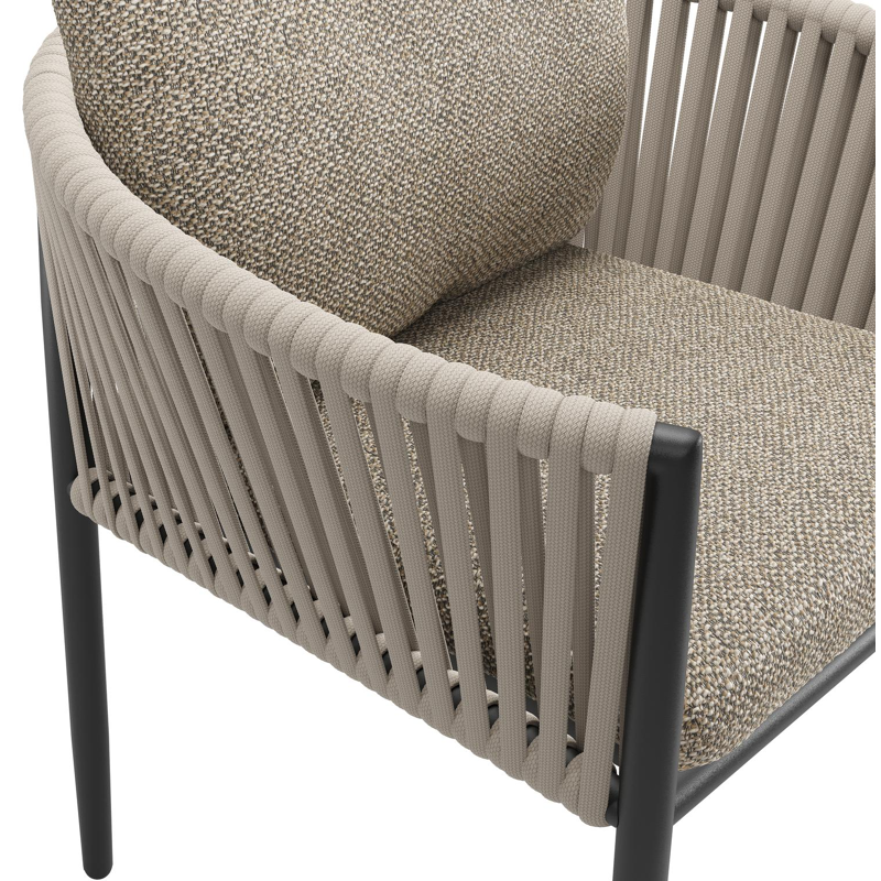 Organo tuinstoel in zwart aluminium en beige verticaal geweven vlakke rope met kussen in madagascar burch all weather cosytica