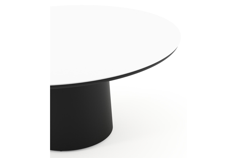 Amico low dining tuintafel rond in zwart aluminium en volkeramiek Arctic White - Dia. 148 x H 61 cm