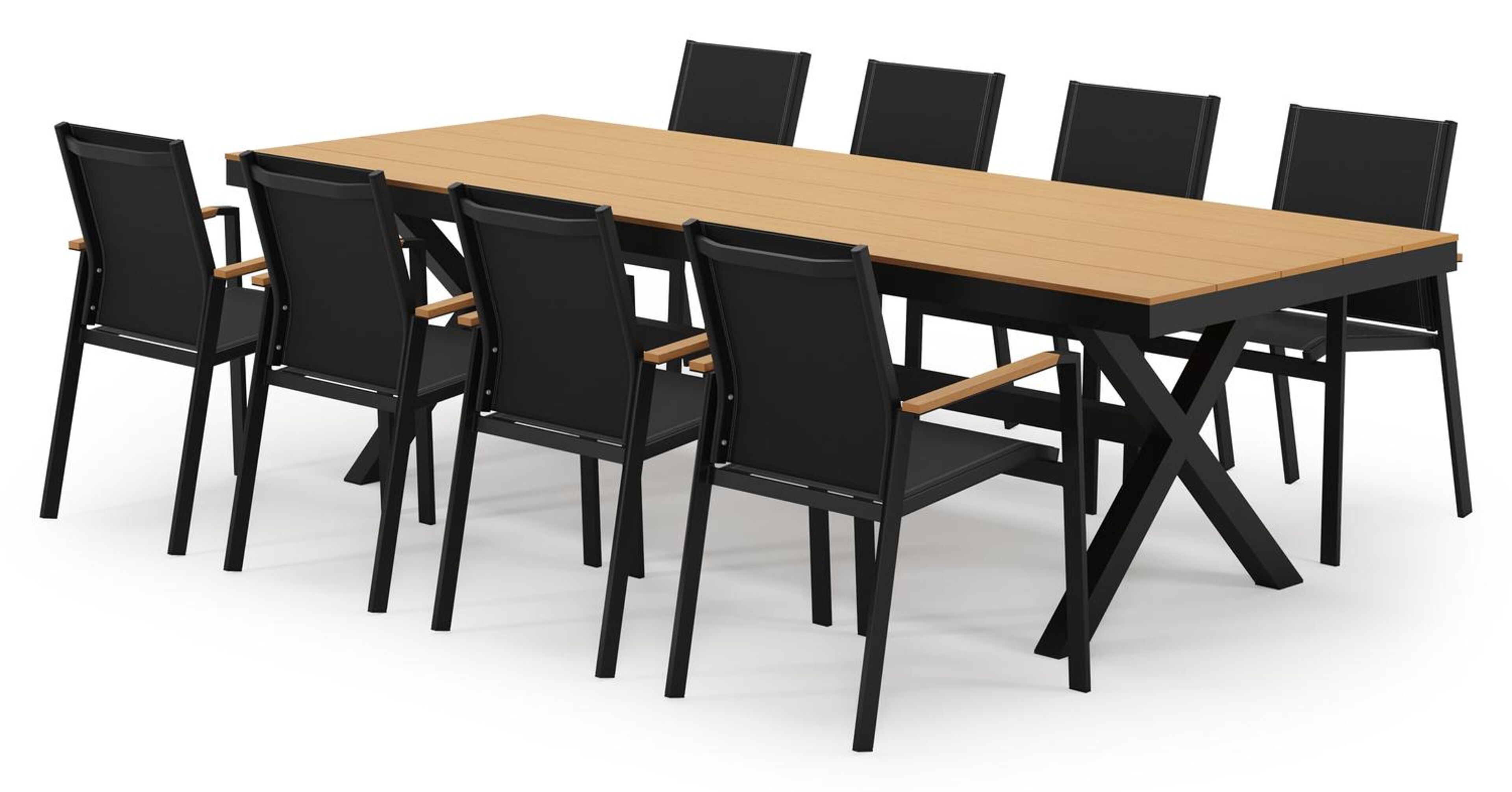 Bahia tuinset in zwart aluminium en polywood met 8 stapelbare Bahia tuinstoelen