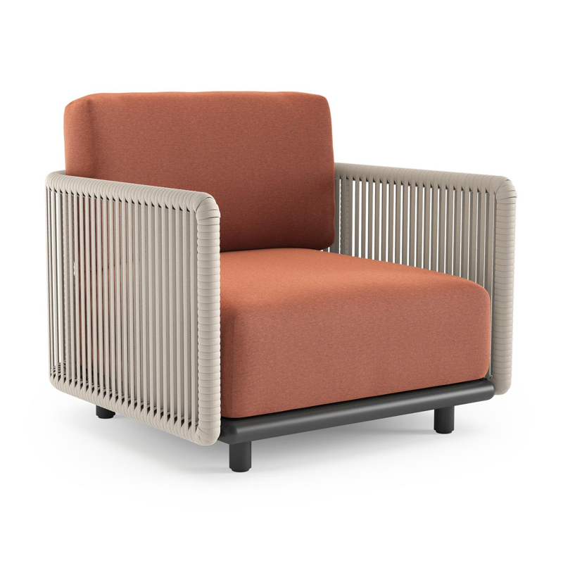 Organo loungestoel in zwart aluminium en beige verticaal geweven luxe vlakke rope met heritage rust all weather Sunbrella® luxe kussen