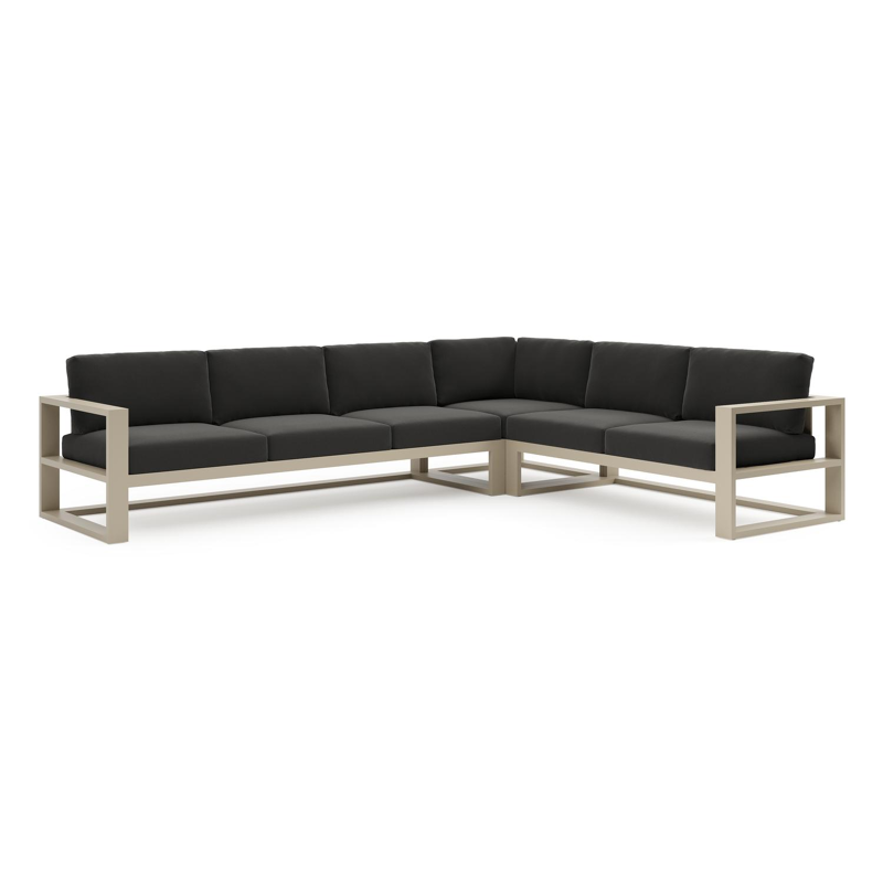 Salon de jardin d'angle Verato en aluminium beige et coussins en all weather sunbrella® luxe natte sooty