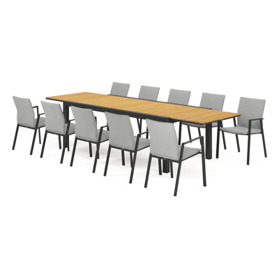 Calobra tuinset met verlengbare tafel in zwart aluminium en naturel teak tafelblad met 10 stapelbare Madura tuinstoelen