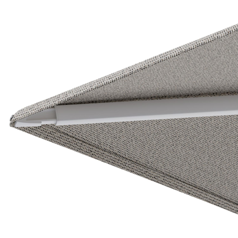 Minore zweefparasol met tiltfunctie in wit aluminium en Firenze Sand All Weather Solica parasoldoek - L1 400 x L2 300 cm met parasolvoet Minore 260 kg met wielen