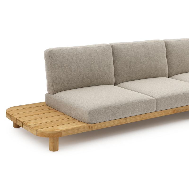Salon de jardin d'angle Donato en teck et corde ronde tissée verticalement beige et coussins en All Weather Cosytica Catania Sand
