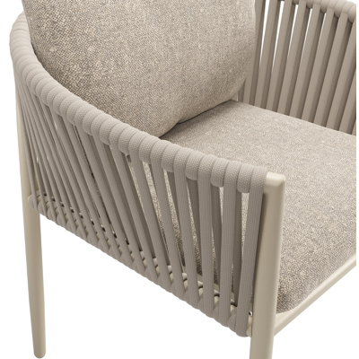 Chaise de jardin Organo en aluminium beige et corde luxe plate beige tissée verticalement avec coussin en All Weather Sunbrella® Luxe Chartres Pewter