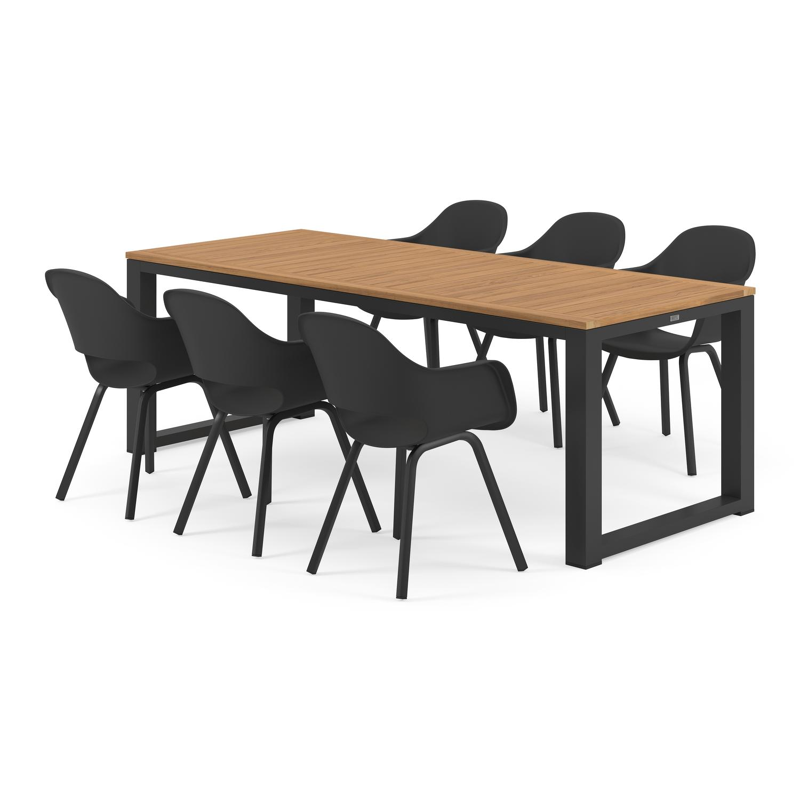 Livo tuinset in zwart aluminium en naturel teak tafelblad met 6 Artena tuinstoelen