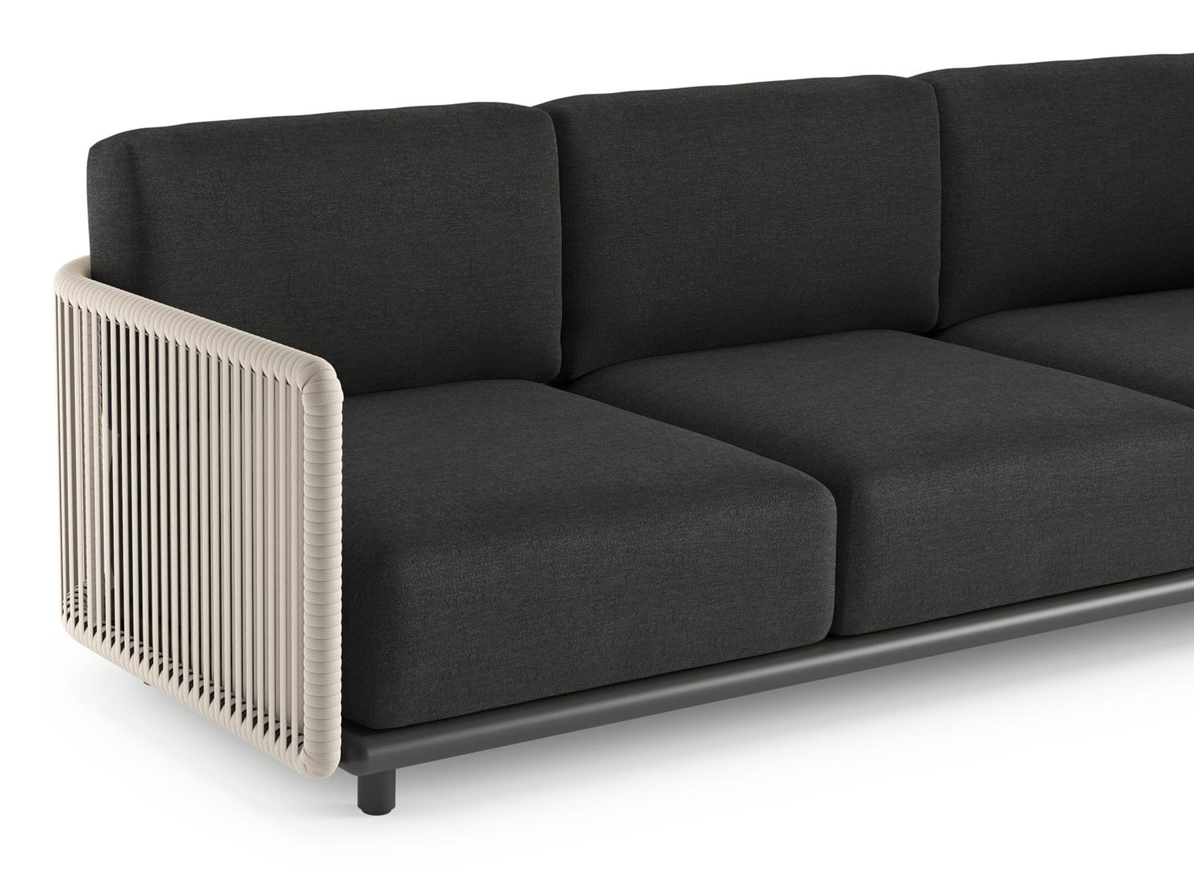 Organo loungeset in zwart aluminium en beige verticaal geweven luxe vlakke rope met chartres sooty all weather sunbrella® luxe kussens