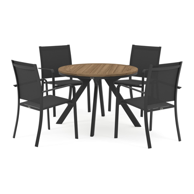 Viaro tuinset in zwart aluminium en colour finish teak tafelblad met 4 stapelbare Calobra tuinstoelen