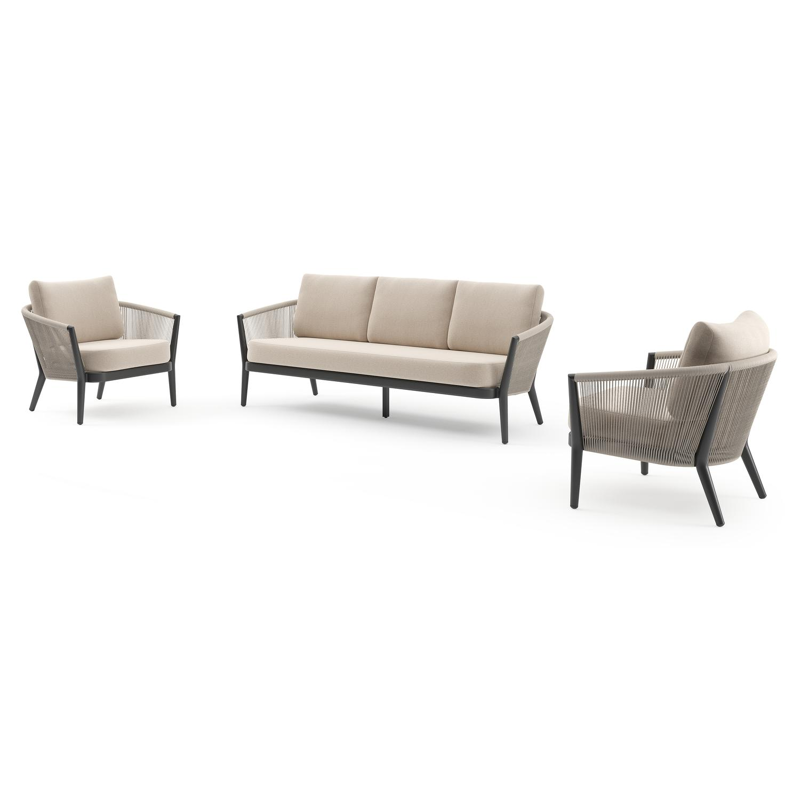 Salon de jardin Orso en aluminium noir en corde ronde tissée verticalement beige et coussins en all weather sunbrella® luxe Heritage Ash