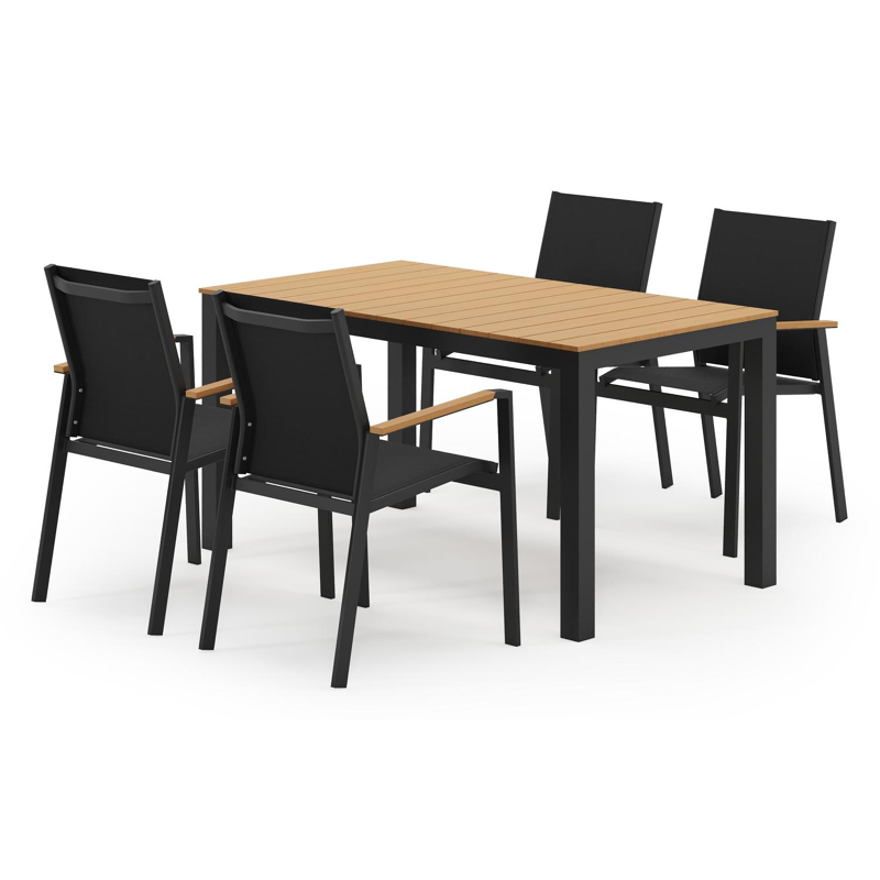 Toma tuinset in zwart aluminium en polywood met 4 stapelbare Bahia tuinstoelen