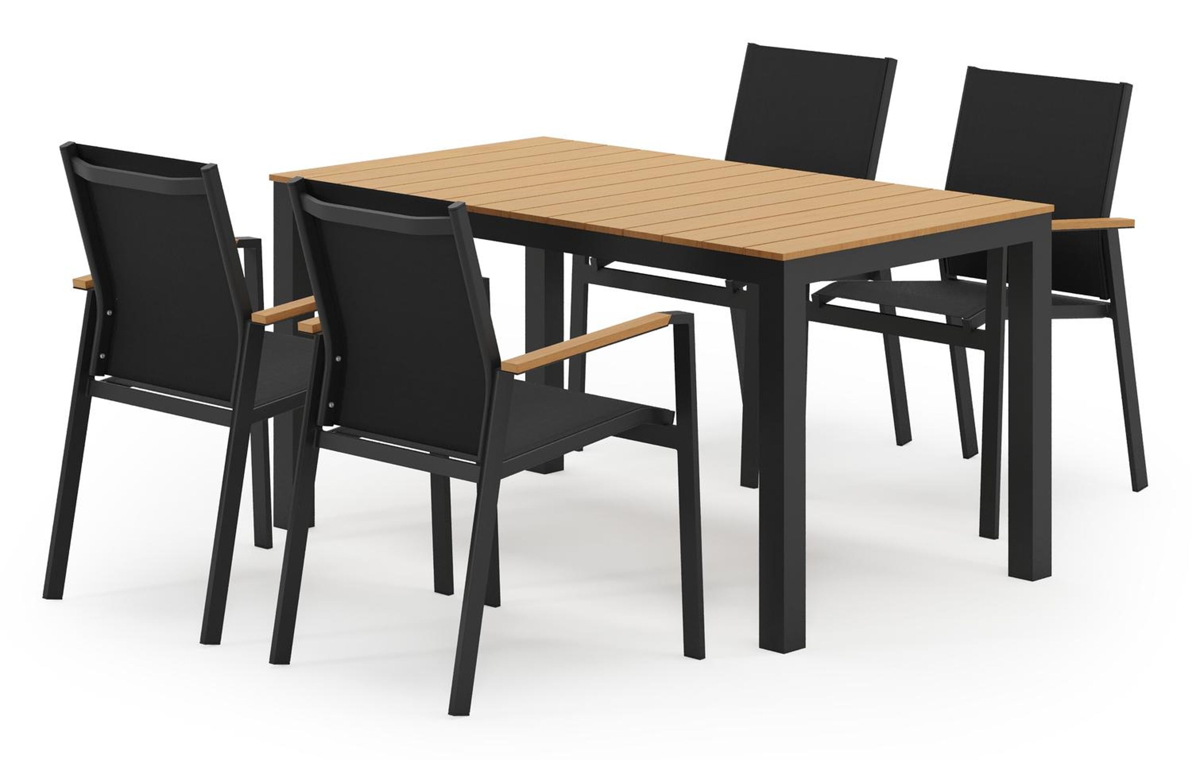 Toma tuinset in zwart aluminium en polywood met 4 stapelbare Bahia tuinstoelen