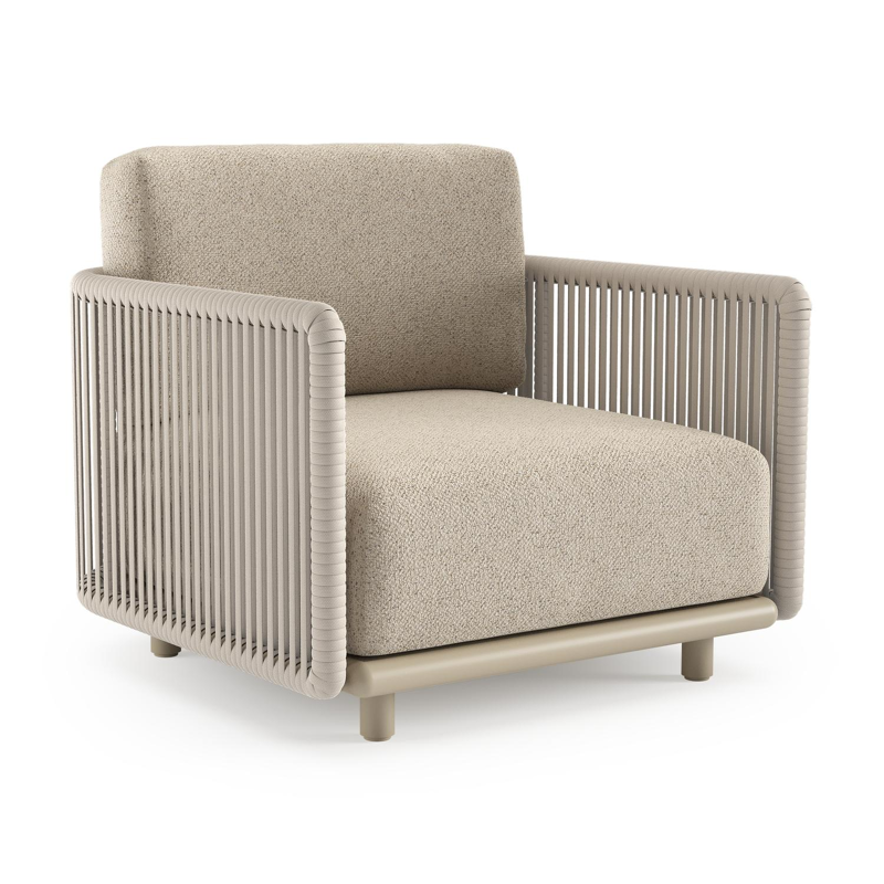 Organo loungestoel in beige aluminium en beige verticaal geweven luxe vlakke rope met bora desert all weather Cosytica kussen