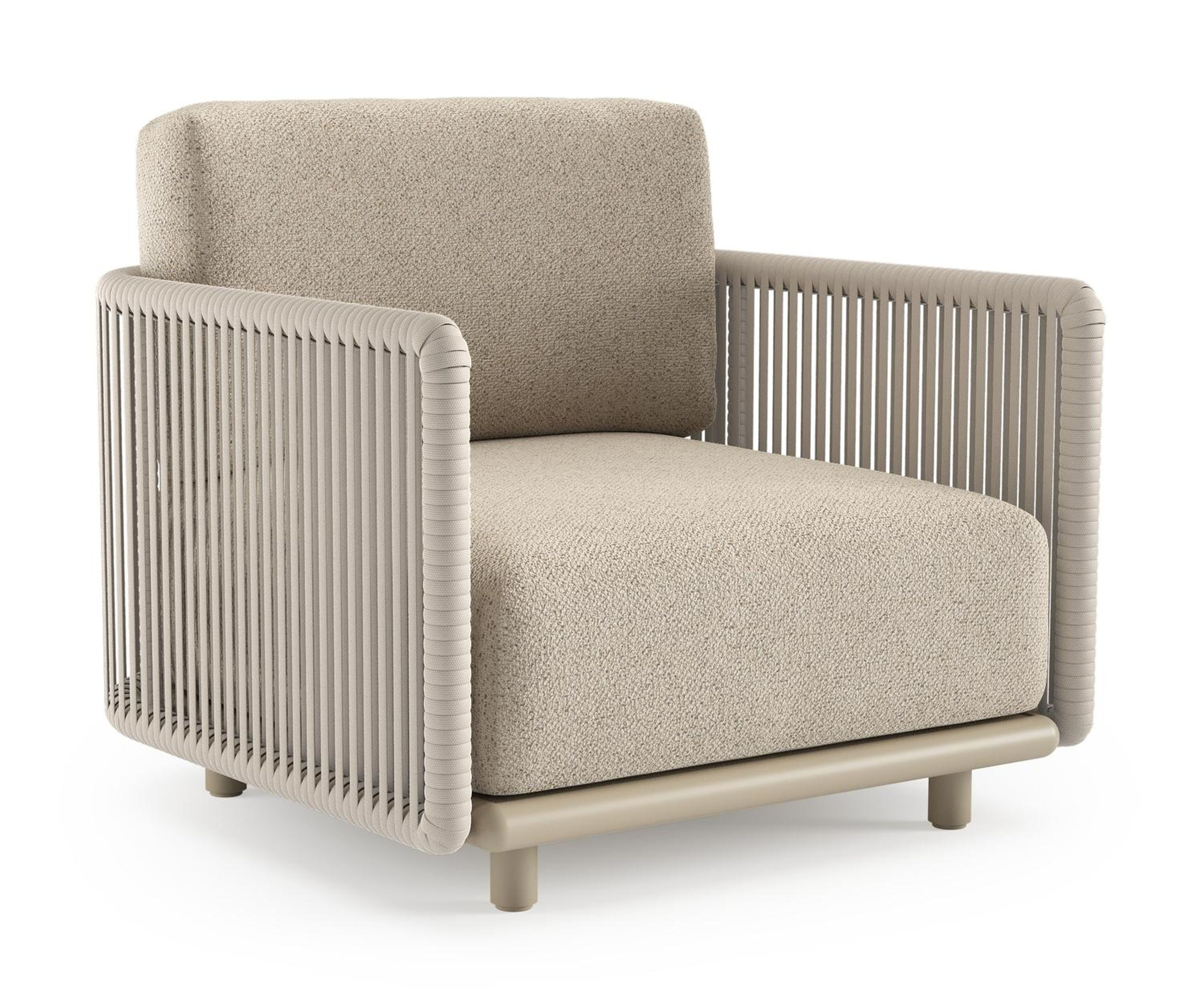 Organo loungestoel in beige aluminium en beige verticaal geweven luxe vlakke rope met bora desert all weather Cosytica kussen