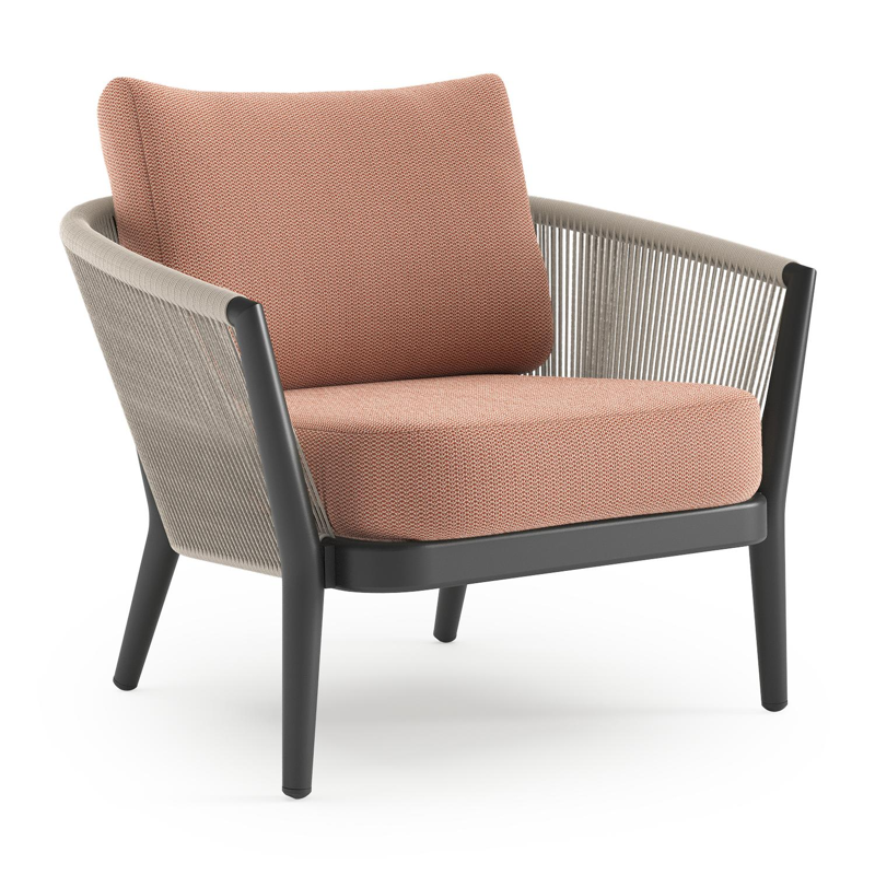 Orso loungestoel in zwart aluminium en beige verticaal geweven ronde rope met Lopi Fawn all weather sunbrella® luxe kussen