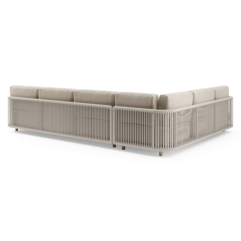 Organo loungehoek in beige aluminium en beige verticaal geweven luxe vlakke rope met marbella beige All Weather Cosytica kussens