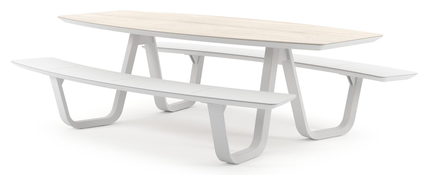 Forno picknicktafel bootvorm in wit aluminium en volkeramiek Travertino Bianco - L 240 x B 181 x H 72 cm