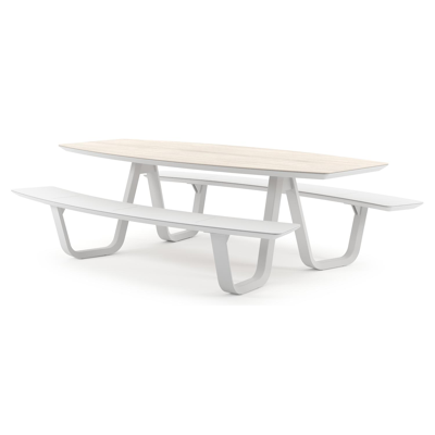 Forno picknicktafel bootvorm in wit aluminium en volkeramiek Travertino Bianco - L 240 x B 181 x H 72 cm